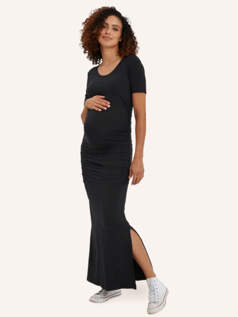 NOM Maternity Hugo Ruched Maxi Dress Black Soft Jersey | Minimalist Quiet Luxury